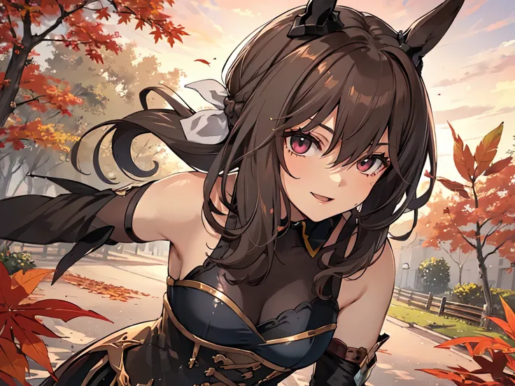 (((Solo, girl with horse ears, ninja outfit, hands on hips, looming, leaning forward, sideways, open mouthed seductive smile, black hair, long hair, hair tousled in the wind, carpet of dead leaves, autumn foliage, red sky, detailed body structure, anime st...