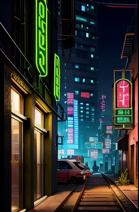 arafed image of a train station with a neon green light, cyberpunk art by Beeple, trending on cg society, conceptual art, hyper-realistic cyberpunk style, cyberpunk back alley, cyberpunk aesthetics, cyberpunk atmosphere, cyberpunk setting, cyberpunk garage...