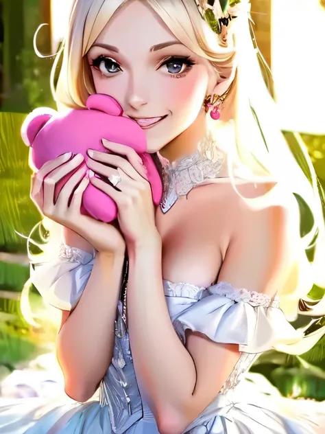 blonde woman in a white dress holding a pink teddy bear, perfect white haired girl, belle delphine, pale skin curly blond hair, young beautiful amouranth, better known as amouranth, amouranth, albino white pale skin, pale snow white skin, ultrarealistic sw...