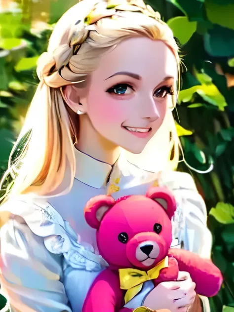 blonde woman in a white dress holding a pink teddy bear, a photo inspired by Glòria Muñoz, tumblr, furry art, perfect white haired girl, belle delphine, pale skin curly blond hair, young beautiful amouranth, better known as amouranth, amouranth, albino whi...