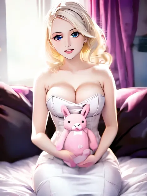 blonde woman in a white dress holding a pink teddy bear, perfect white haired girl, belle delphine, pale skin curly blond hair, young beautiful amouranth, better known as amouranth, amouranth, albino white pale skin, pale snow white skin, ultrarealistic sw...