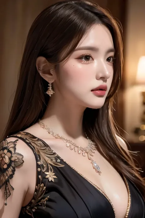Arafe woman wearing sari and necklace, composite set, Bejeweled, wearing complicated clothes, intricate jewelry, with intricate details, intricate costumes, wearing elegant jewelry, intricate details. from the front, black gem, detailed jewelry, high intri...