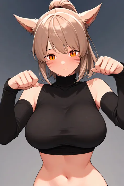 masterpiece,1girl, Light brown hair, orange eye, ponytail, big Breasts, Miqo'te , Black turtleneck, short denimu, , show the navel, show your shoulders, cat pose