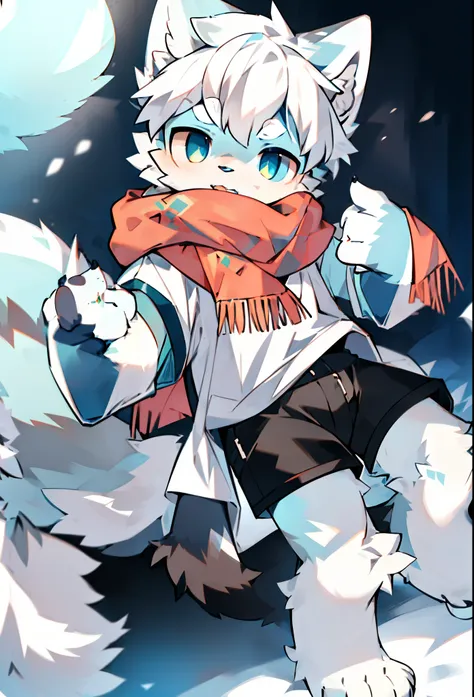 Arctic Wolf Boy，furry boy， toddlers， white hair ，scarf，Short sleeve， shorts