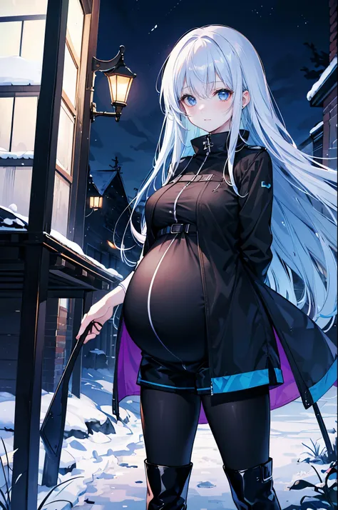 High Resolution, High Quality, High Detail, snowy riverside, night, 1girl, blue hair, long hair, blue eyes, medium breasts, black combat coat, black shirt, blue shorts, black leggings, black boots, looking at viewer, arms behind back, pregnant