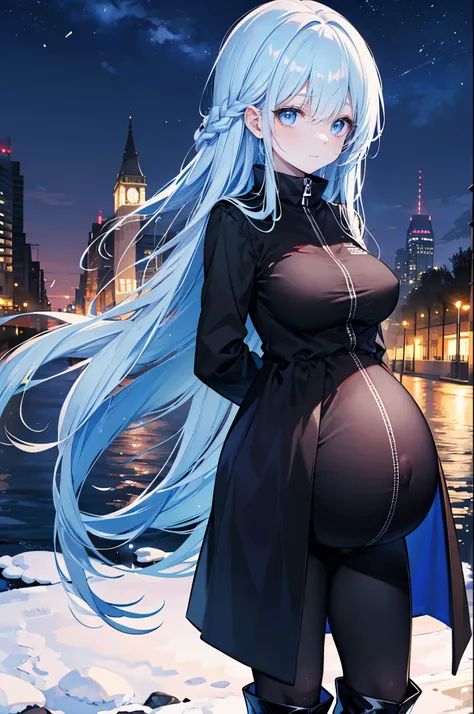 High Resolution, High Quality, High Detail, snowy riverside, night, 1girl, blue hair, long hair, blue eyes, medium breasts, black combat coat, black shirt, blue shorts, black leggings, black boots, looking at viewer, arms behind back, pregnant