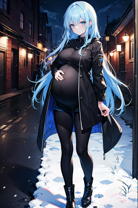 High Resolution, High Quality, High Detail, snowy riverside, night, 1girl, blue hair, long hair, blue eyes, medium breasts, black combat coat, black shirt, blue shorts, black leggings, black boots, looking at viewer, arms behind back, pregnant