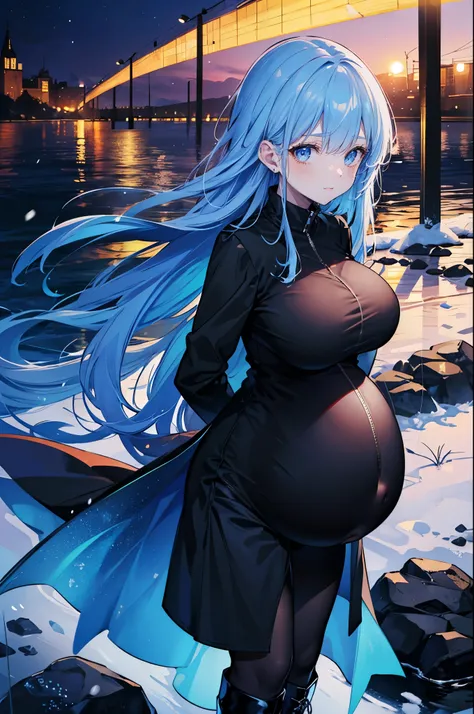 High Resolution, High Quality, High Detail, snowy riverside, night, 1girl, blue hair, long hair, blue eyes, huge breasts, black combat coat, black shirt, blue shorts, black leggings, black boots, looking at viewer, arms behind back, pregnant