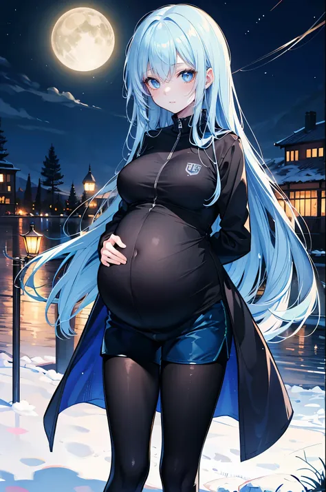 High Resolution, High Quality, High Detail, snowy riverside, night, 1girl, blue hair, long hair, blue eyes, medium breasts, blue combat coat, black shirt, blue shorts, black leggings, black boots, looking at viewer, arms behind back, pregnant