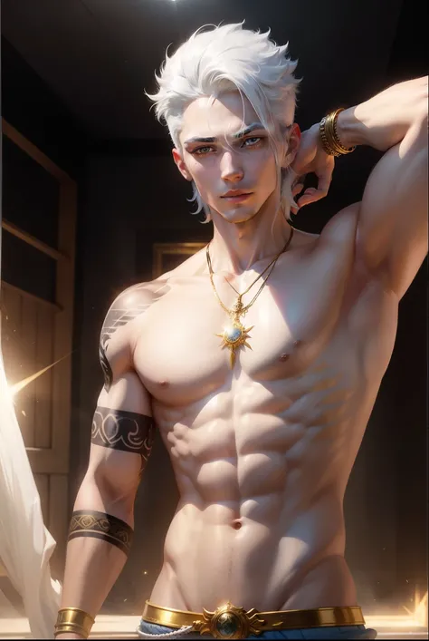 
 A young man who is the god of light ,  has white hair and a shiny gold tattoo under his left eye. On his arm and body ,  there is a shiny gold ring behind him .