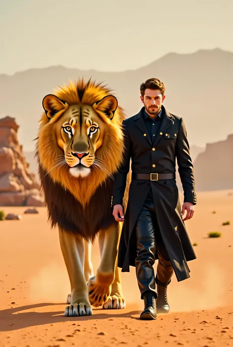 A man dressed in black walking side by side with a giant lion with a yellow fur pattern his face has their dashing and adorable expression walking alongside the Desert backdrop 