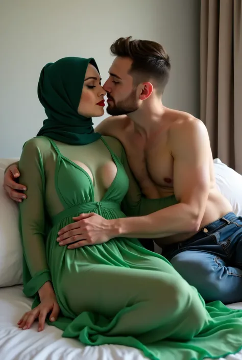 Big woman wearing hijab, bikini and green transparent sexy dress with big breasts and hourglass body and her age male lover sucking her breast on the bed
