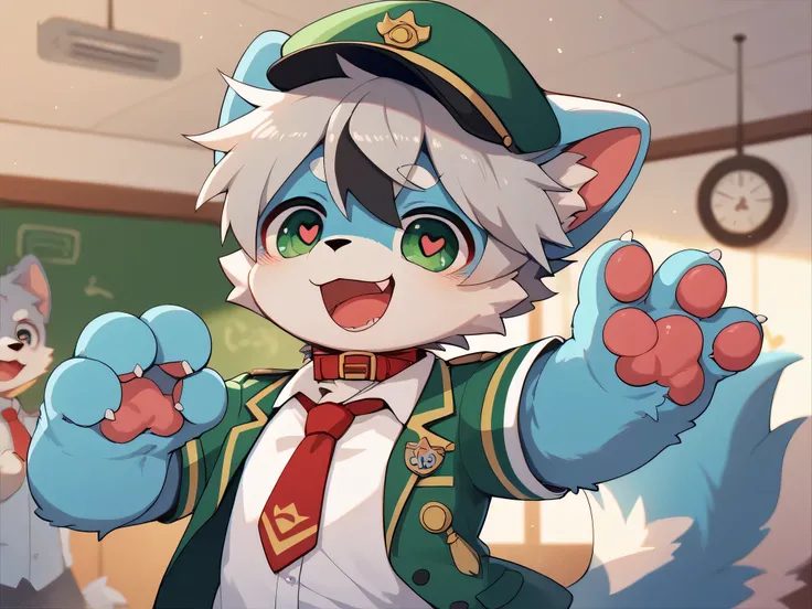  very detailedな, very detailed, blue fur gray hair,,male,骨を見てExcited, heart eyes,participate, red collar, green white and colored hat, cute face,Like a dog,Pets, tie a collar and string , fluffy fur like one,Excited,Horny boy,「paw」「give paw」「shake hands」 '...