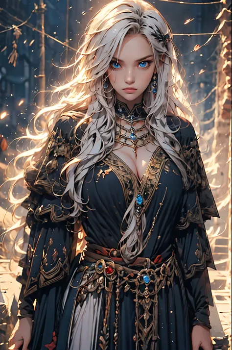 Create a full-bodied 20-year-old human magician , with long wavy white hair , with blue eyes , with a calm look, wearing a very detailed black long dress