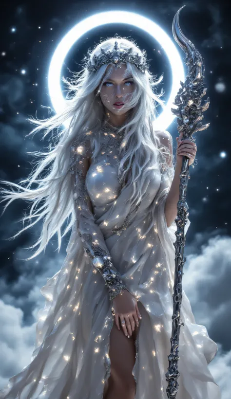 Imagine Cancer as a radiant moon goddess, her form both nurturing and powerful, embodying the deep emotions and protective nature of the zodiac sign. Her divine presence is calm and serene, yet her aura exudes an immense sense of inner strength and emotion...