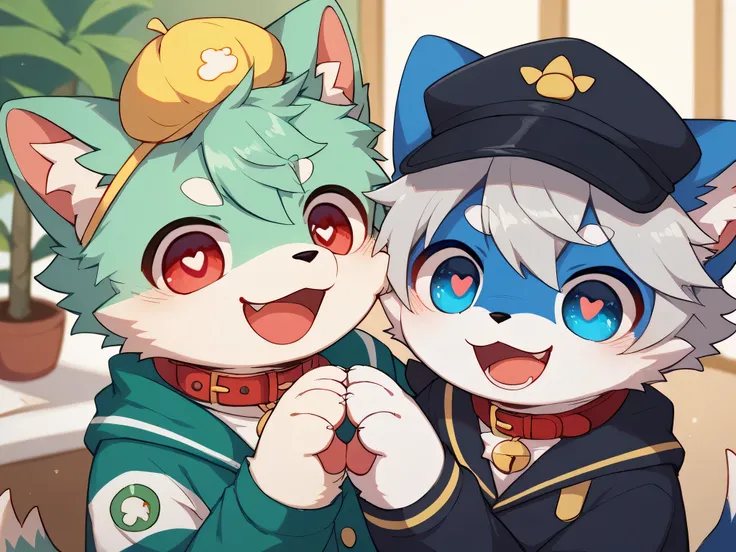  very detailedな, very detailed, blue fur gray hair,,male,骨を見てExcited, heart eyes,participate, red collar, green white and colored hat, cute face,Like a dog,Pets,garden,, fluffy fur like one,Excited,Horny boy,「paw」「give paw」「shake hands」 's room ,Smiling fa...