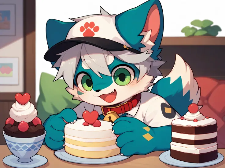  very detailedな, very detailed, blue fur gray hair,,male,骨を見てExcited, heart目,participate, red collar, green white and colored hat, cute face, cake, heart,Like a dog,cute pink and white background,Pets, fluffy fur like one,Excited,Horny boy,「paw」「give paw」「...