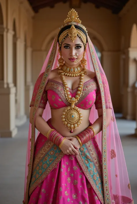 An Indian princess with huge natural breasts revealing cleavage is wearing a pink and turquoise silk lehenga with gold embroidery and a pink dupatta on the head, adorned with heavy gold jewelry like a necklace and bangles. earrings, nose rings, septum, nav...