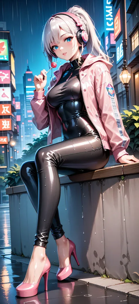 an anime girl wearing pink heels sitting on a wet bench while raining falls, 1girl, breasts, food, lollipop, jacket, solo, headphones, high heels, candy, white hair, braid, blue eyes, emerald eyes, looking at viewer, sitting, shiny clothes, ponytail, holdi...