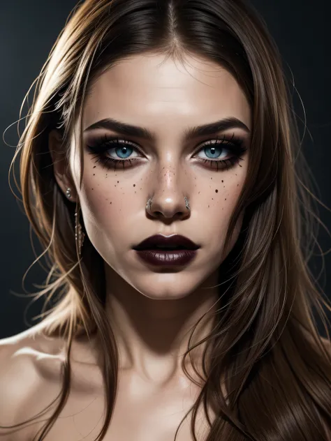 A woman with strong, artistic makeup, her eyes marked by an intense black smoky eye that creates a dramatic look. Her lips are painted a vibrant red, with a touch of gloss and a slight smudge that increases the intensity and sensuality of the image. Her sk...