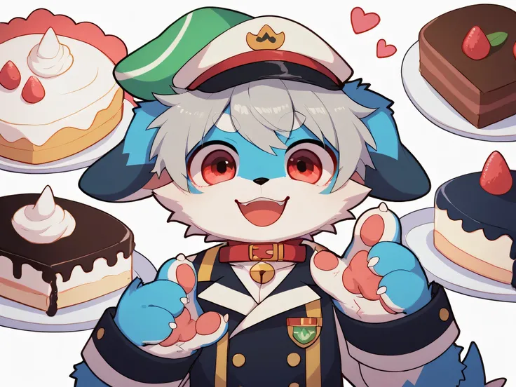  very detailedな, very detailed, blue fur gray hair,,male,骨を見てExcited, heart目,participate, red collar, green white and colored hat, cute face, cake, heart,Like a dog,cute pink and white background,Pets, fluffy fur like one,Excited,Horny boy,「paw」「give paw」「...