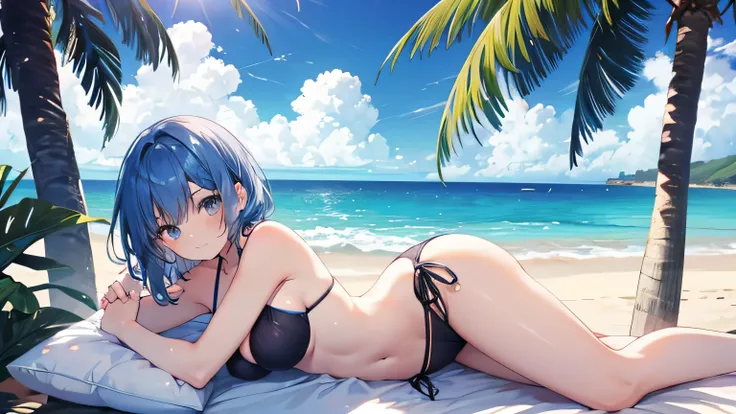 girl at beach, bikini, blue hair, palm tree, girl sunbathing,