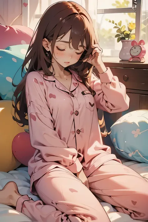 Sleeping girl, 22 years old,  is present, She is wearing pink long pajamas,   brown hair.