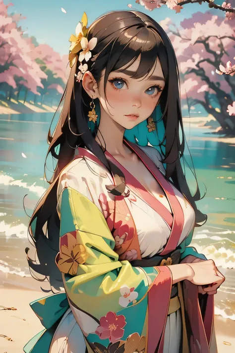 a beautiful young girl with long black hair, floating hair, standing in a serene seaside landscape with cherry blossom trees, petals falling all around her, sunlight streaming down, (best quality,4k,8k,highres,masterpiece:1.2),ultra-detailed,(realistic,pho...