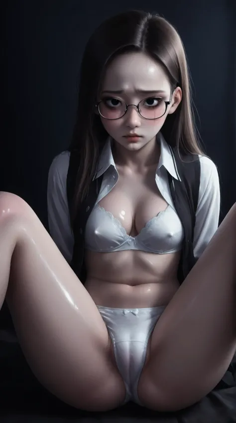 A beautiful young korean girl with glasses, goth girl, dark mood, hair parted in middle, brown hair, nerdy, cute, shy, small breasts, cleavage, schoolgirl, shiny skin, heavy blushing, legs spread, white panties, sitting, sexy pose, dynamic, pose, 