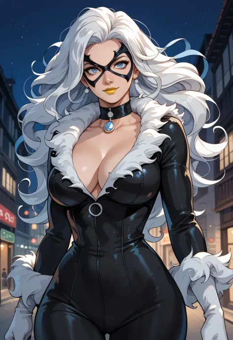 woman, big breasts, white hair, blue eyes, white skin, yellow lipstick, anime style, loose hair, night, black outfit, looking at viewer, thin waist, wide hips, mask, Black Cat, Felicia Hardy 