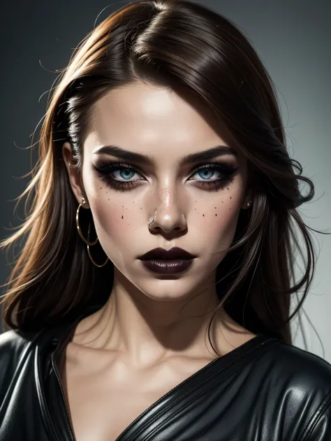 A woman with strong, artistic makeup, her eyes marked by an intense black smoky eye that creates a dramatic look. Her lips are painted a vibrant red, with a touch of gloss and a slight smudge that increases the intensity and sensuality of the image. Her sk...