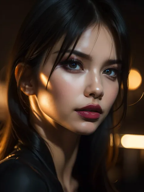 A woman with strong, artistic makeup, her eyes marked by an intense black smoky eye that creates a dramatic look. Her lips are painted a vibrant red, with a touch of gloss and a slight smudge that increases the intensity and sensuality of the image. Her sk...