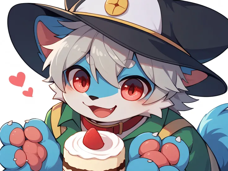  very detailedな, very detailed, blue fur gray hair,,male,骨を見てExcited, heart目,participate, red collar, green white and colored hat, cute face, cake, heart,Like a dog,cute pink and white background,Pets, fluffy fur like one,Excited,Horny boy,「paw」「give paw」「...