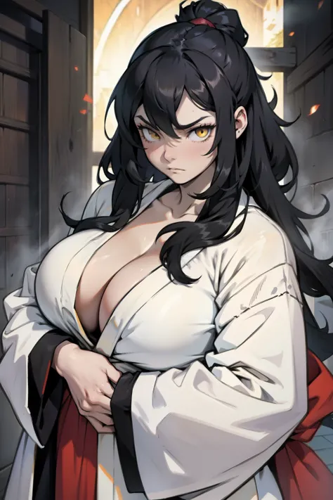 fluffy robe fluffy robe fluffy robe black hair yellow eyes pale skin sad empty eyes embarrassed huge muscles large breasts solo girl