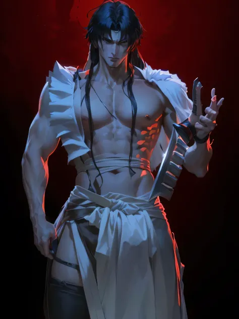 Close-up of a man with a knife in his hand, ninja scroll anime style , Anime Ninja Scroll,  Albedo  from overlord,  beautiful male god of death ,  Albedo  from the anime overlord, Cool anime 8K,  Albedo ,   gapmoe yandere grimdark ,  advanced digital anime...