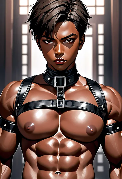 High Quality, Details, realistic,(solo dark brown skin Japanese dominatrix boy:1.3),(Details black eyes), (black short hair), (dark brown skin:1.3),(Black harness), (bulge), (Details nipples:1.2), Details areola, looking for viewers,