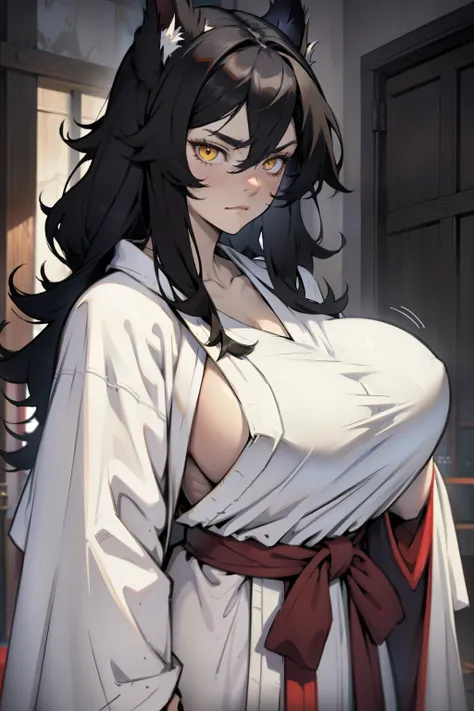 ((fluffy robe fluffy robe fluffy robe)) black hair yellow eyes pale skin sad empty eyes embarrassed huge muscles large breasts solo girl