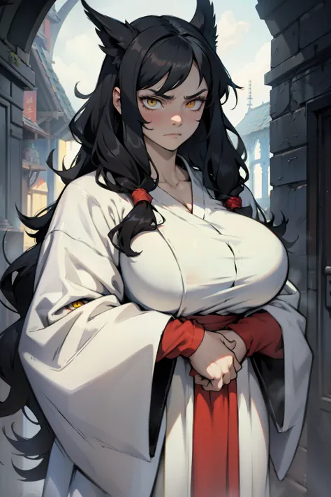 fluffy robe fluffy robe fluffy robe black hair yellow eyes pale skin sad empty eyes embarrassed huge muscles large breasts solo girl