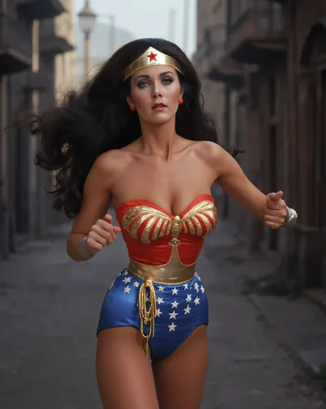 A gorgeous Wonder Woman in tight red and blue, long, dark hair , Beautiful and Detailed Eyes , Striking facial features , The physique of a sexy beauty queen, White Skin ,The expression is romantic and sexy, confident Powerful posture, in an impress...
