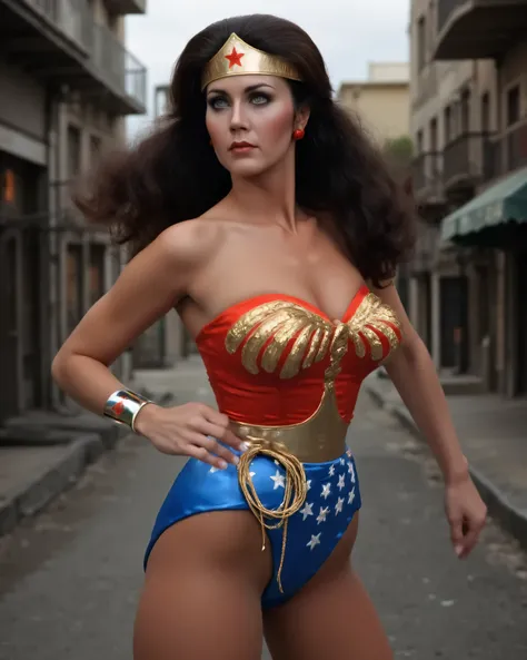 A gorgeous Wonder Woman in tight red and blue, long, dark hair , Beautiful and Detailed Eyes , Striking facial features , The physique of a sexy beauty queen, White Skin ,The expression is romantic and sexy, confident Powerful posture, in an impress...