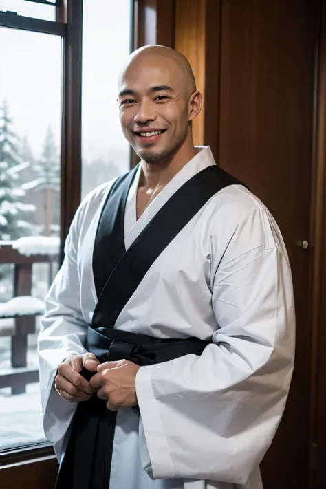 1man,bald,(black skin:1.2),muscular,(mature:1.2),hakama,smile, snowy,