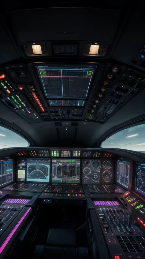 A futuristic cockpit control panel that merges an aircraft’s avionics with the digital audio workstation (DAW) interface of Ableton Live. The design features a straight-on, frontal view of a highly detailed control panel filled with levers, buttons, knobs,...