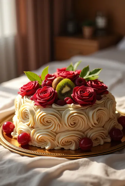 there is a beautiful large plate on the bed in it. A beautiful large cake with kiwi and cherries The cake is decorated with creamy burgundy roses and cherries