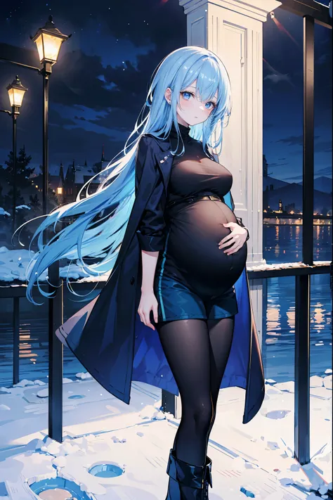High Resolution, Masterpiece, 4K, snowy riverside, night, 1girl, blue hair, long hair, blue eyes, medium breasts, blue combat coat, black shirt, blue shorts, black leggings, black boots, looking at viewer, arms at side, pregnant, standing beside railing