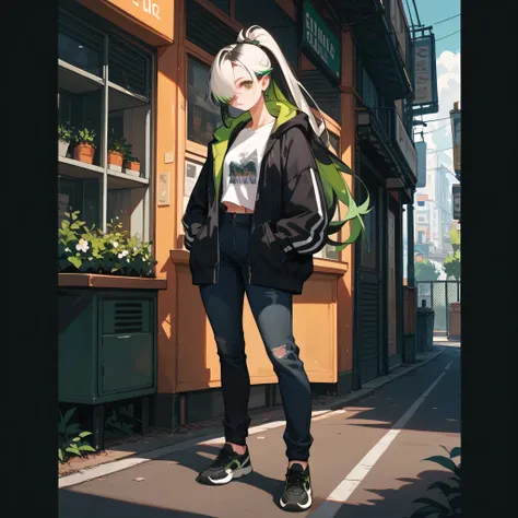 High Resolution, 1girl, Large Ponytail, Hair Covering One Eye, Black Hair, White Hair, Green Hair, Multicolored Hair, Black Hoodie, Black Jeans, Black Tennis Shoes, Brown Eyes, 