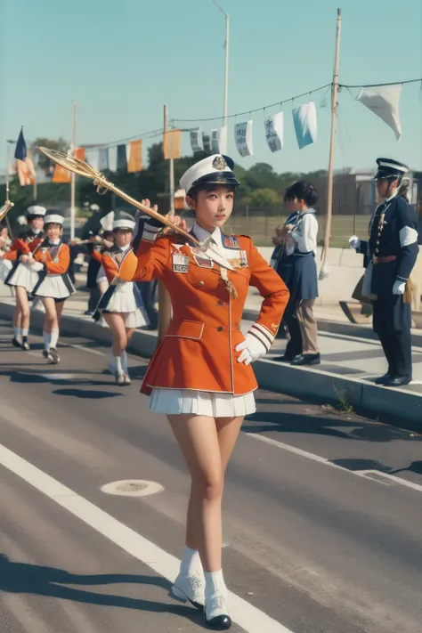  in ultra high quality, super quality next to each other,Detailed contours,Black-haired elementary school girl in a white miniskirt,Drum and fife corps,parade,Showa Era Scenery