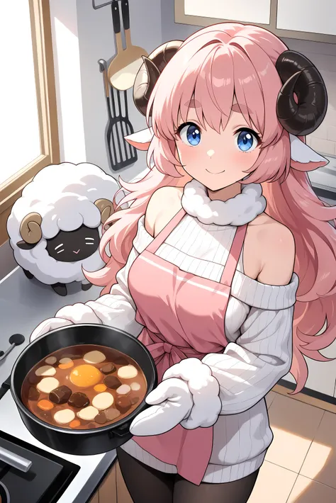 (masterpiece, best quality, extremely detailed, absurdres, very aesthetic), from above:1.2, cowboy shot, (highly detailed background, lighting, kitchen), (sheep girl\super detailed skin, detailed beautiful face and eyes, Big and soft anime eyes, Thick eyeb...