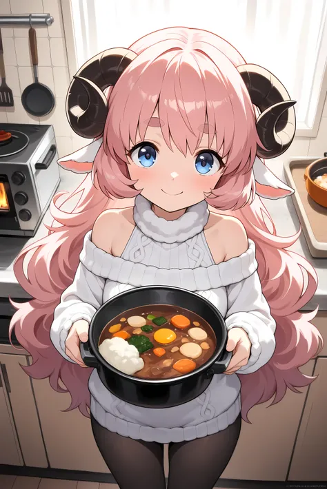 (masterpiece, best quality, extremely detailed, absurdres, very aesthetic), from above:1.2, cowboy shot, (highly detailed background, lighting, kitchen), (sheep girl\super detailed skin, detailed beautiful face and eyes, Big and soft anime eyes, Thick eyeb...
