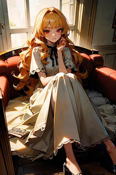 masterpiece, 1girl, long_eyelashes, red_eyes, wavy_hair, Blunt_bangs, Blonde_hair, blanked_eyes, close_mouth, female, slender, lace-trimmed_dress, ribbon-trimmed_dress, layered_dress, long_dress, eyecontact, expression_face, sitting, lip_balm, hands_on_own...