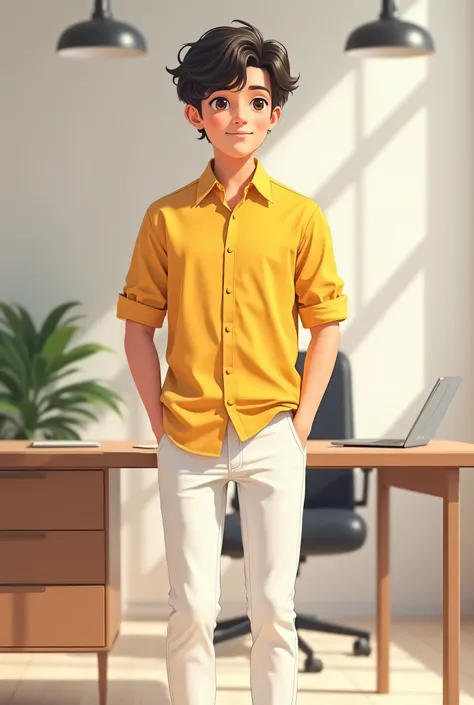 A cute boy stand inhis office nearly the table with style and waring yellow shirt  white pants 